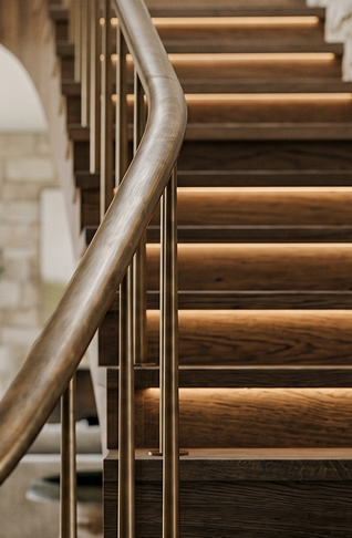 Detailed view of a custom hardwood staircase